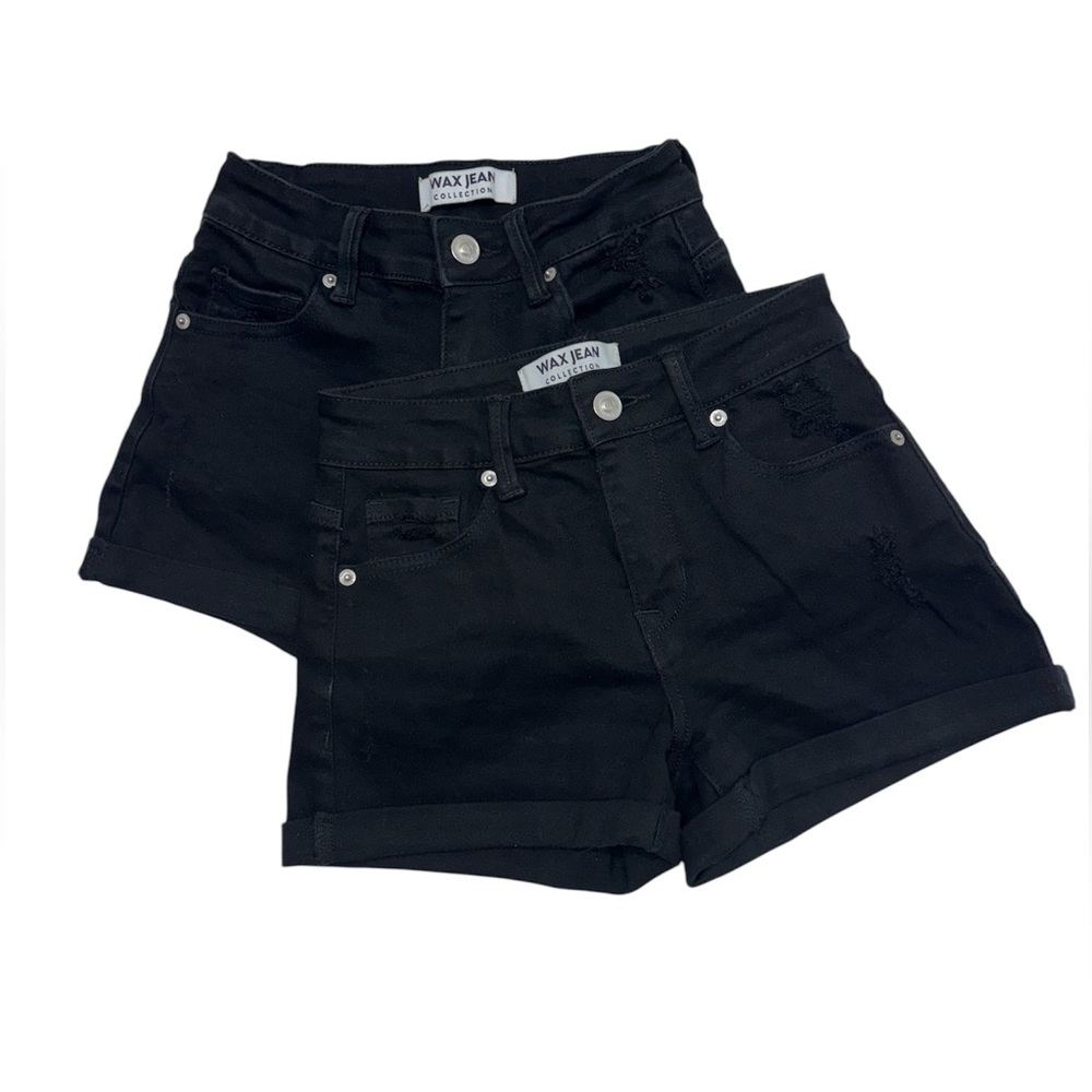2 Wax Jean Women's Black Denim Ripped Distressed Roll Cuff Hem Shorts Size S